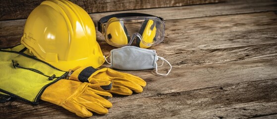 The collection of essential safety gear and equipment on a wooden surface.