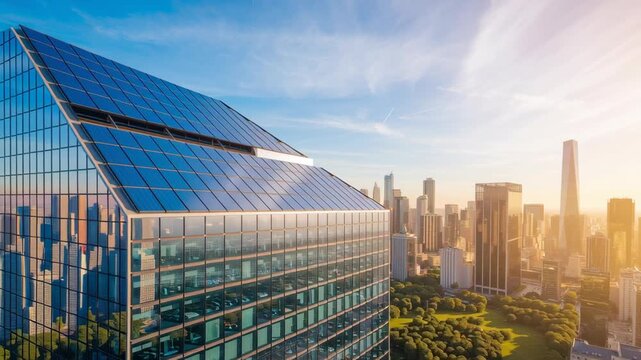 Modern Skyscraper with Solar Panels in Cityscape at Sunset Showcasing Sustainable Architecture and Modern Urban Design