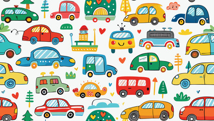 Crayon drawn naive funky kid cars collection. Sketch colorful childish pencil drawn elements. Cute childish cars. Vector kid cute doodle set. Collection of crayon cartoon.children, chalk, graphic, 