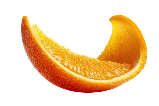 A vibrant orange slice, curved in a graceful arc, against a black background.  The slice's edges are sharply defined