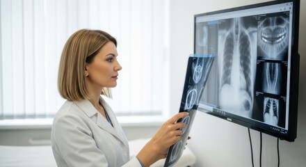 A female doctor examining an x-ray image of a patient's chest.