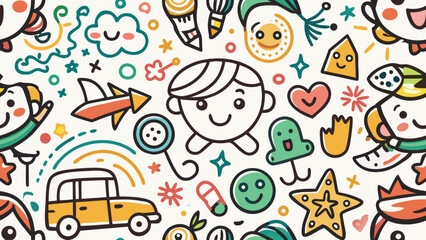 Fototapeta premium Crayon drawn kid doodle collection. Colorful childish elements like clouds, flowers, bows, rainbows and sun. Adorable girly doodle collection.creativity, horizontal, panoramic, rainbow, colors, 