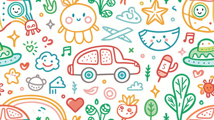 Fototapeta premium Crayon drawn kid doodle collection. Colorful childish elements like clouds, flowers, bows, rainbows and sun. Adorable girly doodle collection.creativity, horizontal, panoramic, rainbow, colors, 