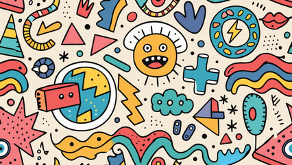  Crayon drawn vector childish illustration with naive icons. Simple cute elements, squiggles, outline car, cactus, stars, rainbow. Kid doodle lines,children, rainbow, cartoon, crayon, doodle, fun,