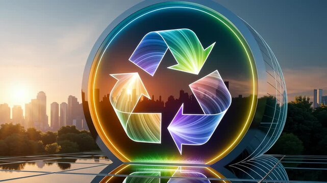 Vibrant Neon Recycling Symbol Glows Against Futuristic Cityscape at Sunset, Reflecting Sustainability and Vibrant Glow