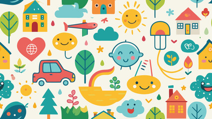 Naklejka premium Funky childish doodles and icons drawn with crayon. Cute kid scribble doodle icons set. Child games, toys and drawings. Hand drawn cute vector illustrations. Flower, heart, cloud, car,backgrounds, 