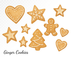 Set of assorted gingerbread cookies in heart, star, tree, and man shapes, painted in warm cozy watercolor tones with festive sweet detail and soft texture. Vector illustration.