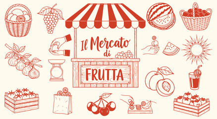 Italian Fruit Market (Il Mercato di Frutta) vector illustration set. Hand drawn vintage engraving style of market stall, fruit, and summer elements for food, travel, and design projects.