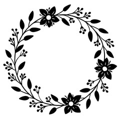 Abstract black and white floral frame with vintage swirl ornaments, butterfly, and leaf illustrations creating an elegant border design