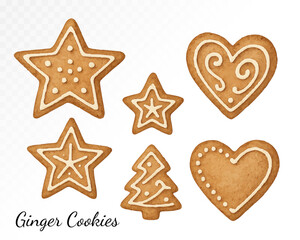 Collection of assorted gingerbread cookies in various festive shapes with white icing, painted in cozy warm watercolor style with holiday dessert charm. Vector illustration.