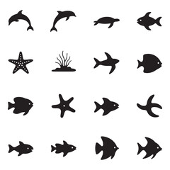 Aquatic sea life icons flat marine and underwater symbol s