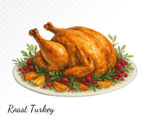 Whole roast turkey on white platter with herbs and vegetables, warm autumn tones and festive watercolor style for cozy seasonal food. Vector illustration.
