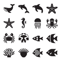 Aquatic sea life icons flat marine and underwater symbol s