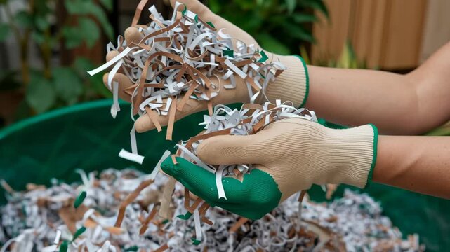 Hands Wearing Gloves Holding Shredded Paper for Recycling, Showcasing Eco Friendly Waste Management with Green Background