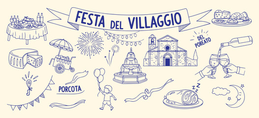 Italian Village Festival (Festa del Villaggio) vector illustration set. Hand drawn line art of traditional food, celebration, and cultural elements for travel, event, and Italian design projects.