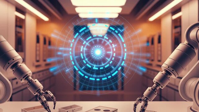 Futuristic Robotic Arms Assembling Electronic Devices in High Tech Lab with Glowing Digital Interface and Advanced Technology