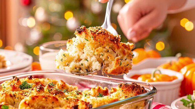 Serving homemade holiday stuffing from a glass baking dish during a festive family dinner