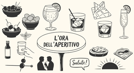 Italian Aperitivo Hour (L'ora dell'Aperitivo) vector illustration set. Hand drawn vintage line art of cocktails, snacks, and social elements for menu, bar, restaurant, and Italian culture design.