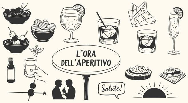 Italian Aperitivo Hour (L'ora dell'Aperitivo) vector illustration set. Hand drawn vintage line art of cocktails, snacks, and social elements for menu, bar, restaurant, and Italian culture design.