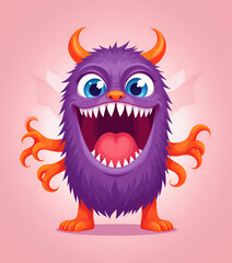 Playful Purple Monster Roaring with Orange Accents on Pink Background
