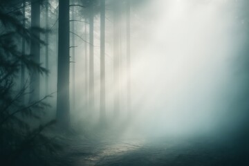 Tall trees shrouded in fog with light rays filtering through, representing solitude, nature's calm and spiritual ambience