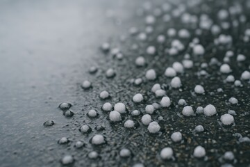 Close-up view of scattered hailstones on wet road surface, representing severe weather and atmospheric phenomena