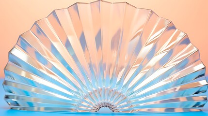 Sharp stiletto nails in alternating glossy blue and pastel pink polish, arranged in a fan over a peach-colored backdrop full frame .