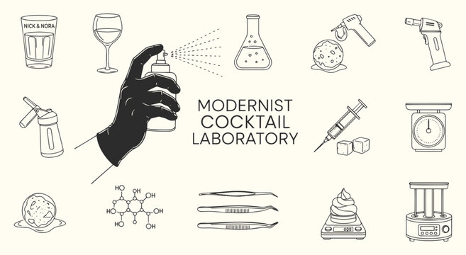 Modernist Cocktail Laboratory vector illustration set. Hand drawn line art of mixology equipment and molecular gastronomy tools for bar, menu, and creative drink design.