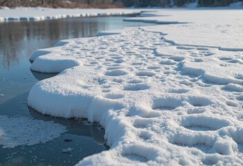 Frozen lake with intricate patterns of ice and snow creating a serene landscape
