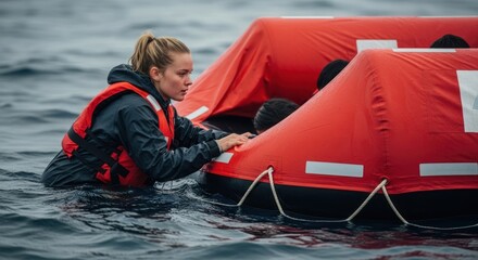 Naklejka premium A woman in a life jacket on a boat in the ocean.