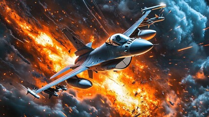 Military jet in a fiery aerial battle.