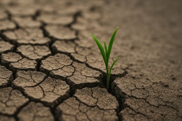 Green plant growing from dry cracked earth, representing resilience, renewal, and environmental recovery