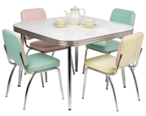 Retro kitchen table with pastel chairs and tea set evokes charming vintage diner feel for home decor ideas