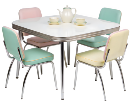 Retro kitchen table with pastel chairs and tea set evokes charming vintage diner feel for home decor ideas - Powered by Adobe