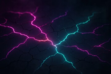 Glowing neon lines in blue and pink divide cracked terrain in this conceptual representation of energy paths and digital stress points
