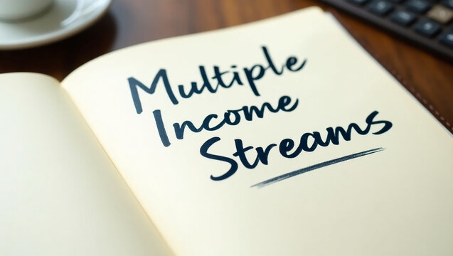 Close-up of a notebook with handwritten text “Multiple streams of income”