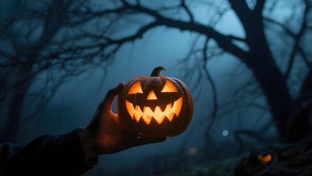 Hand holding a glowing jack-o'-lantern in a misty, eerie forest at night