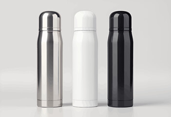 Three Modern Thermos Bottles in Silver, White, and Black