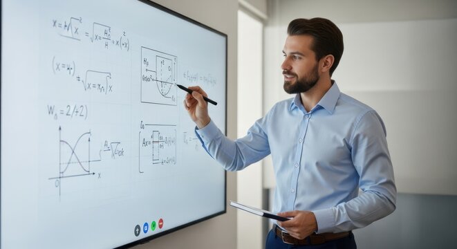 A man in a blue shirt is standing in front of a large screen with mathematical equations on it.
