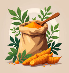 Turmeric Harvest: Golden Spice in Natural Setting with Fresh Roots and Leaves