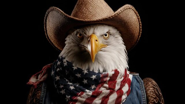 Bald eagle in cowboy hat and American flag scarf celebrates Independence Day