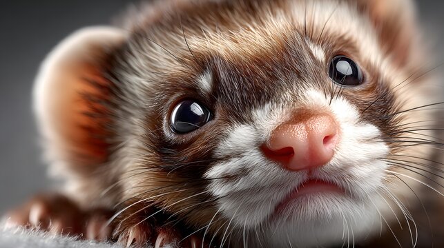 Detailed closeup portrait of a curious and adorable ferret with its distinctive features like whiskers nose and large expressive eyes clearly visible