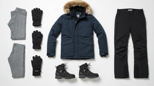 Flatlay showcasing winter apparel a navy parka with fur trim, black ski pants, grey thermal leggings, black gloves, and hiking boots