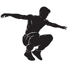 Black silhouette of a parkour athlete mid-jump, vector illustration