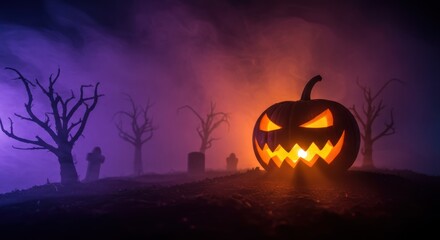 Glowing jackolantern in eerie graveyard setting with tombstones  bare trees engulfed in hazy colorful atmosphere
