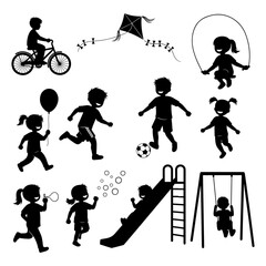 Black silhouettes of children playing outdoors on a white background bicycle