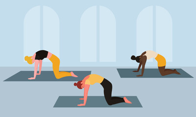 Fototapeta premium Women doing Pilates or yoga on a mat in the gym. Sports and workouts. Vector illustration on a transparent background.