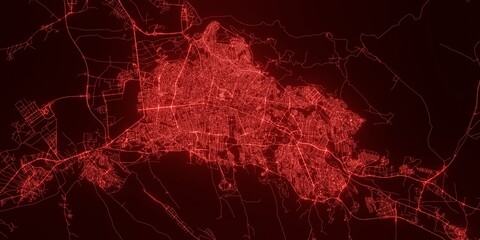 Tabriz (Iran) street map. The style of the map is red glow