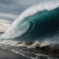 A giant ocean wave curls with powerful motion near coastline, showcasing natural strength and dynamic water flow.