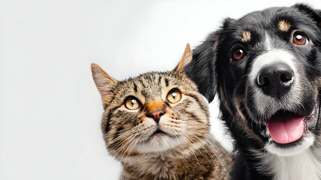 Portrait of a dog Russian Spaniel and cat Scottish Straight isolated on white background